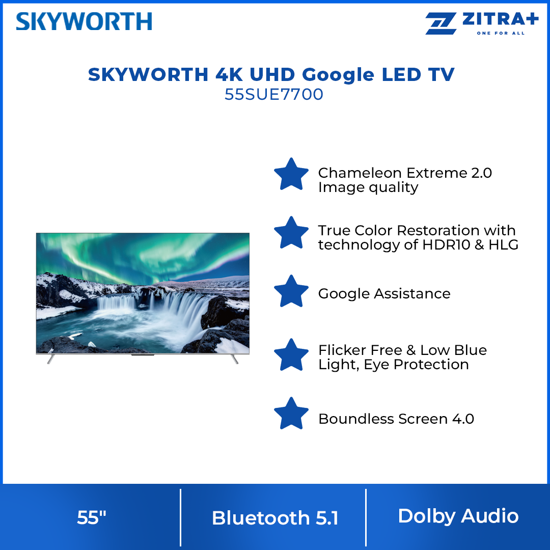 SKYWORTH 55" 4K UHD Google LED TV 55SUE7700 | Chameleon Extreme 2.0 | HDR10 & HLG | Eye Protection