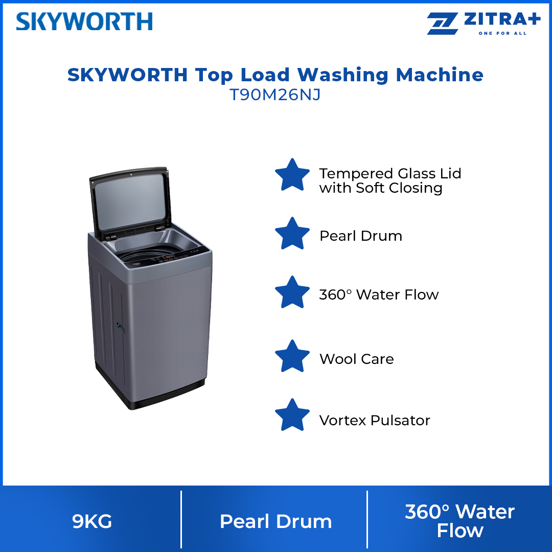 SKYWORTH 9KG Top Load Washing Machine T90M26NJ | Pearl Drum | 360° Water Flow | Wool Care | Vortex Pulsator