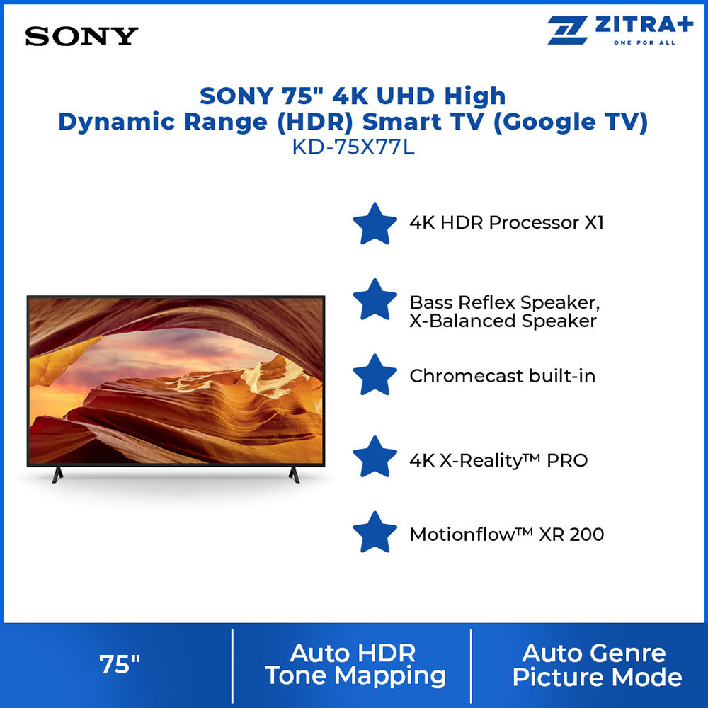 SONY 75" 4K UHD High Dynamic Range (HDR) Smart TV (Google TV) KD-75X77L | 4K X-Reality™ PRO | Chromecast built-in | Motionflow™ XR 200 | Smart TV with 2 Years Warranty