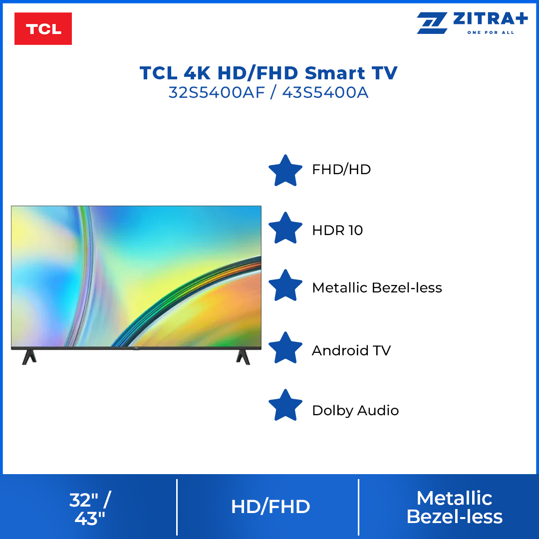 TCL 32 inches 43 inches 4K Android Smart TV 32S5400AF/ 43S5400A | Dolby Audio | Bezel-less Design
