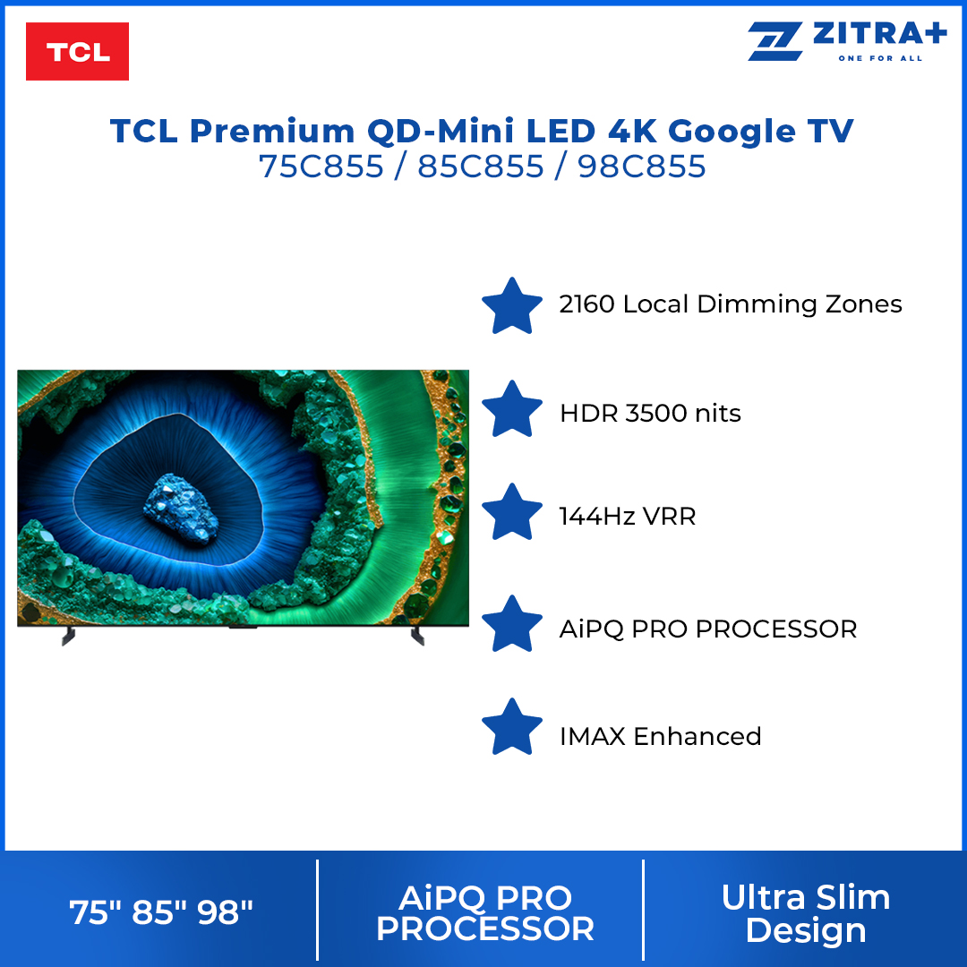 TCL 75/85/98 Premium QD-Mini LED 4K Google TV C855 | HDR 10+ | Ultra Slim Design | Dolby Atmos