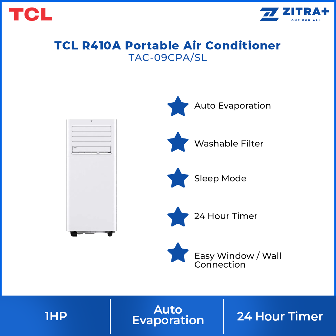TCL 1HP R410A Portable Air Conditioner TAC-09CPA/SL | Auto Evaporation | Washable Filter | Sleep Mode | 24 Hour Timer | Easy Window / Wall Connection