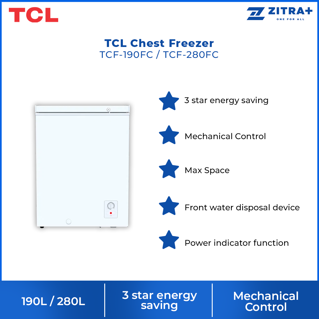 TCL 190L/280L Chest Freezer TCF-190FC/TCF-280FC | Power indicator function | Mechanical Control | Storage basket
