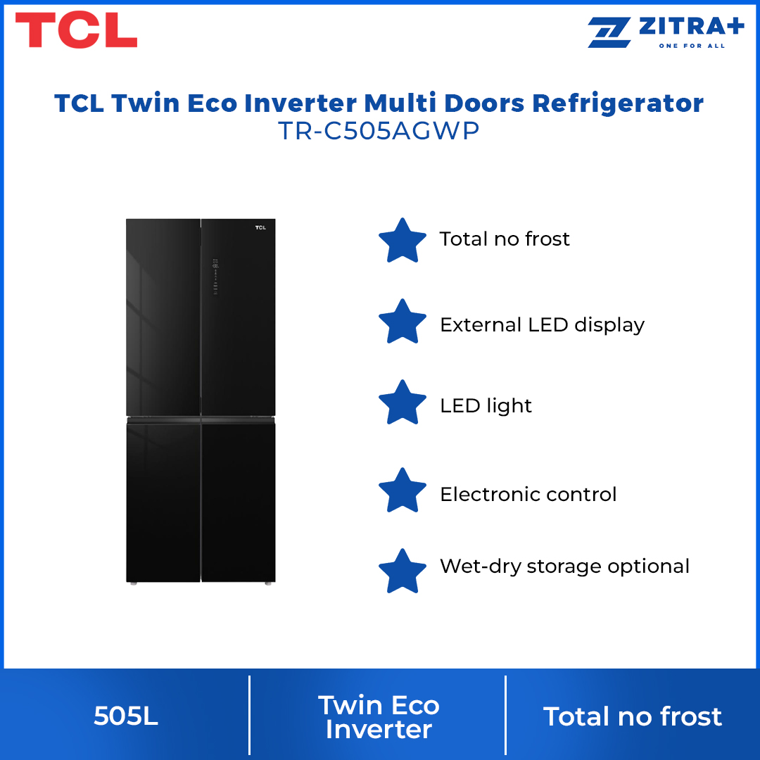 TCL 505L Twin Eco Inverter Multi Doors Refrigerator TR-C505AGWP | Total no frost | External LED display | LED light