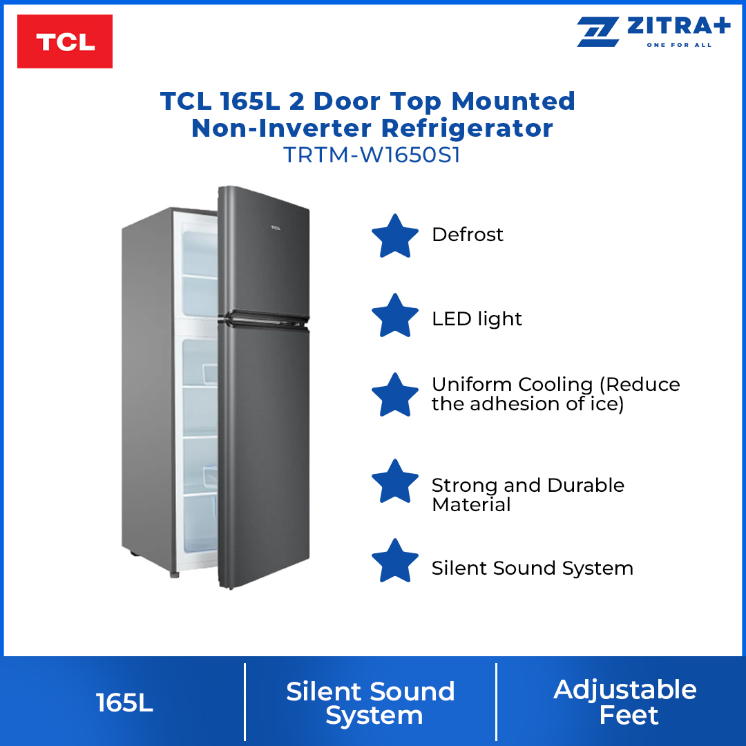 TCL 165L 2 Door Top Mounted Non-Inverter Refrigerator Crystal TRTM-W1650S1| Defrost | LED light | Strong and Durable Material | 2  Year General Warranty   10 Year Motor Warranty