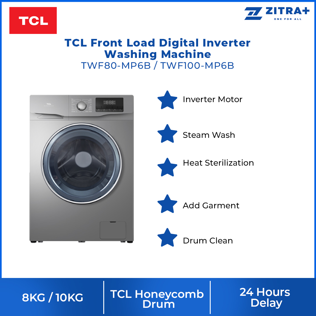 TCL 8KG/10KG Steam Front Load Inverter Washing Machine TWF80-MP6B/TWF100-MP6B | Inverter Motor | Steam Wash | Heat Sterilization | 2  Year General Warranty   3  Year Panel Warranty  10 Year Motor Warranty