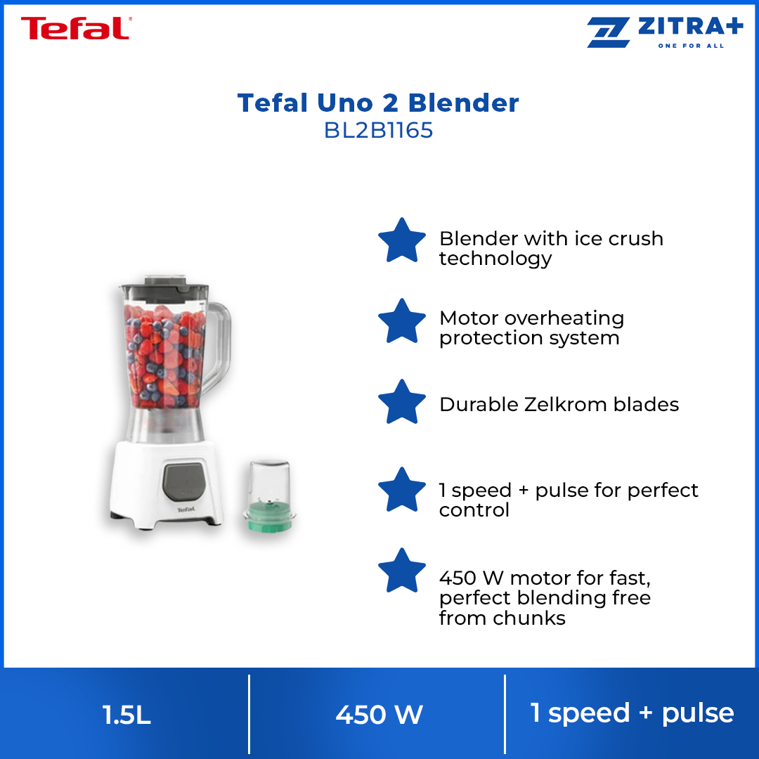 Tefal 1.5L Uno 2 Blender BL2B1165 | Durable Zelkrom Blades | Ice Crush Technology | High Capacity Jar Ideal for Family Use