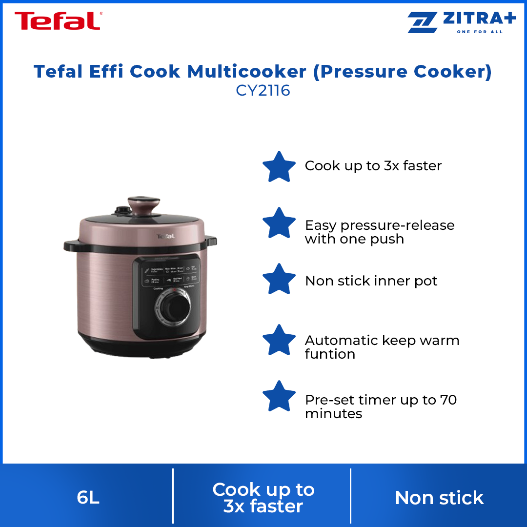 Tefal 6L Effi Cook Multicooker (Pressure Cooker) CY2116 | Cook up to 3x faster | Non stick inner pot | Pre-set timer