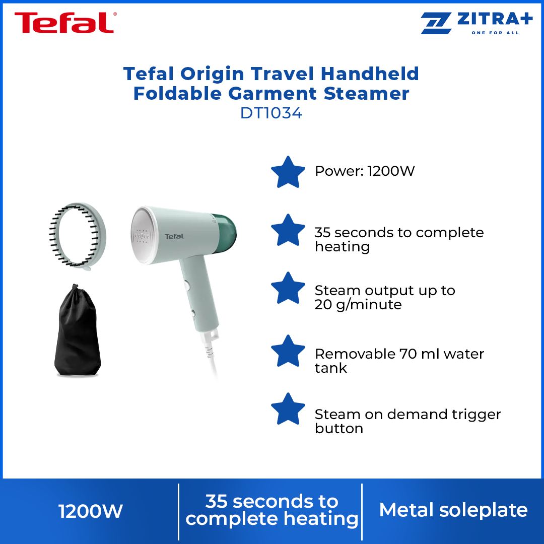 Tefal 1200W Origin Travel Handheld Foldable Garment Steamer DT1034 | 35 seconds to complete heating | Steam output up to 20 g/minute