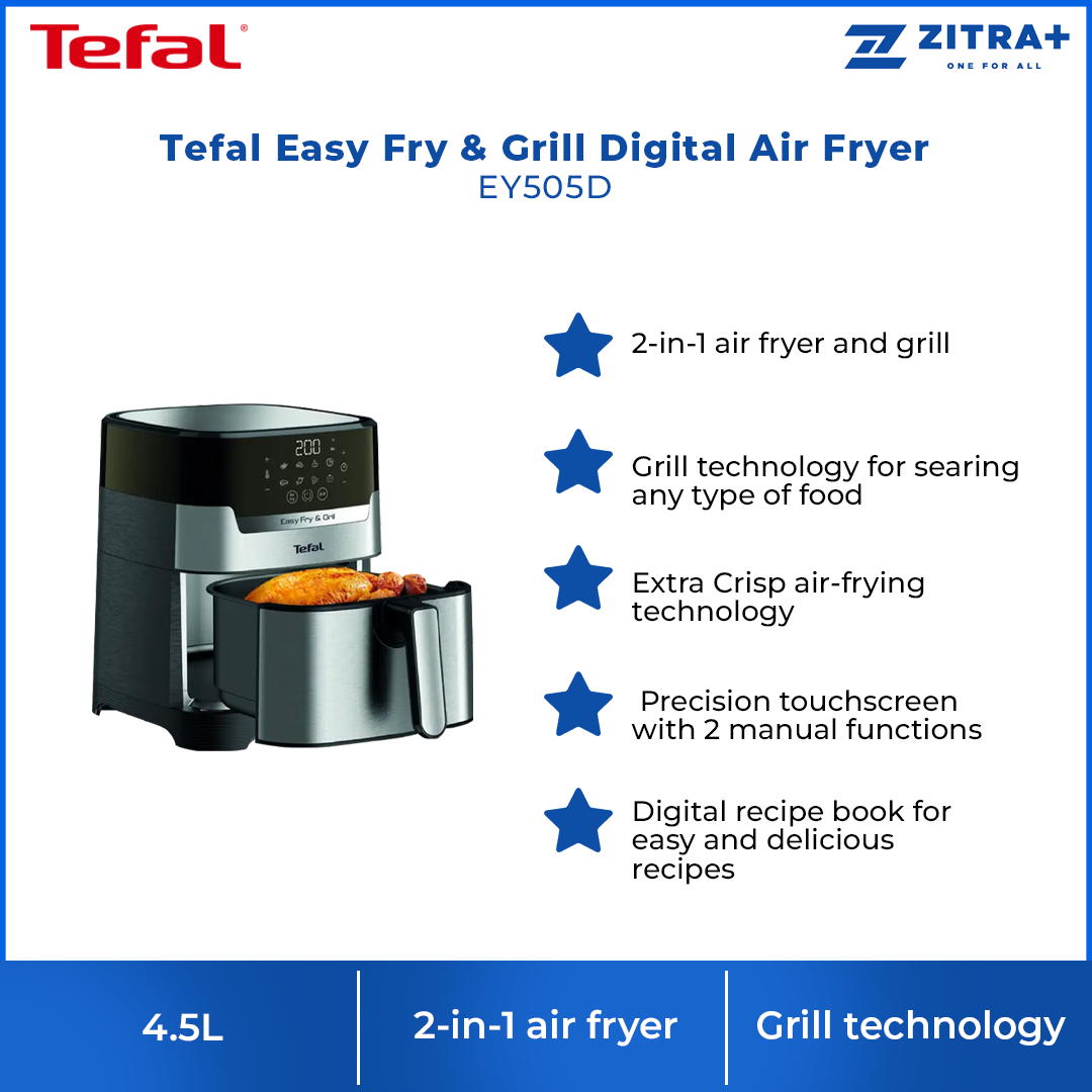 Tefal 4.5L Easy Fry & Grill Digital Air Fryer EY505D | 2-in-1 air fryer | Grill technology | Extra Crisp air-frying | Precision touchscreen