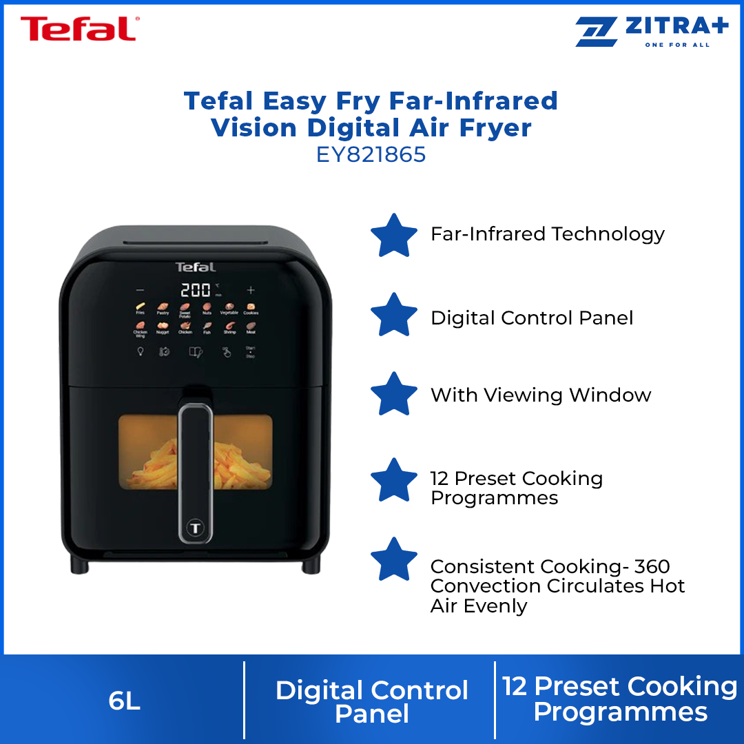Tefal 6L Easy Fry Far-Infrared Vision Digital Air Fryer EY821865 | Far-Infrared Technology | Digital Control Panel | With Viewing Window