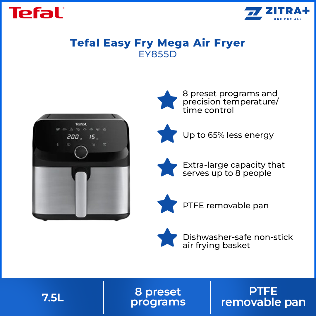 Tefal 7.5L Easy Fry Mega Air Fryer EY855D | 8 preset programs | Up to 65% less energy | Extra-large capacity | PTFE removable pan