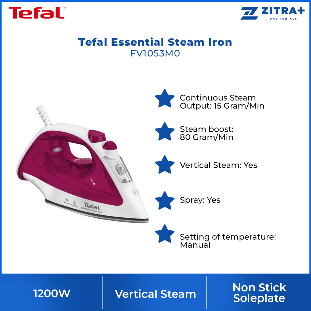 Tefal 1200W Essential Steam Iron FV1053M0 |  Continuous Steam Output : 15 Gram/Min | Steam boost : 80 Gram/Min | Vertical Steam : Yes | Spray : Yes