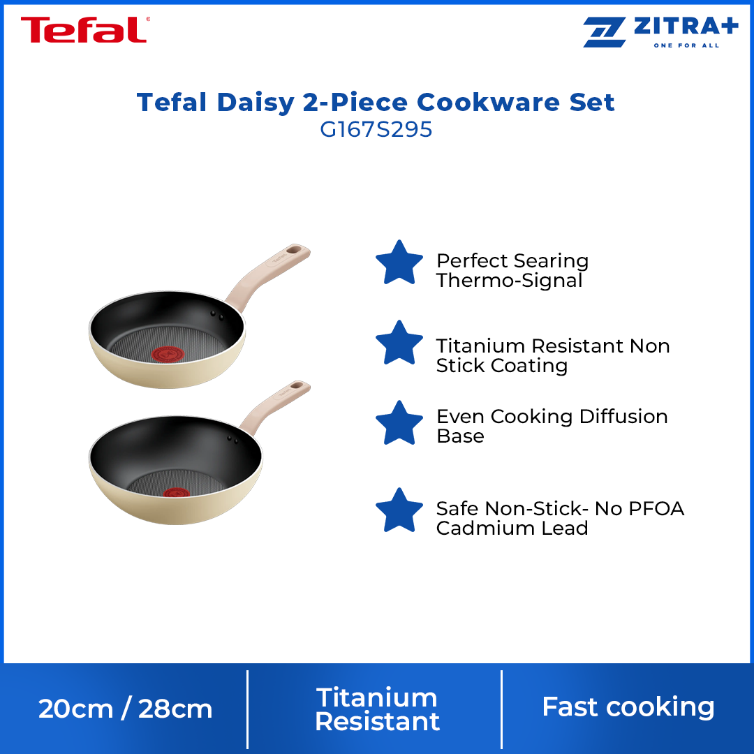 [2-Piece Set] Tefal 20cm/28cm wok frypan Daisy 2-Piece Cookware Set G167S295 | Perfect Searing Thermo-Signal | Titanium Resistant Non Stick Coating | Safe Non-Stick
