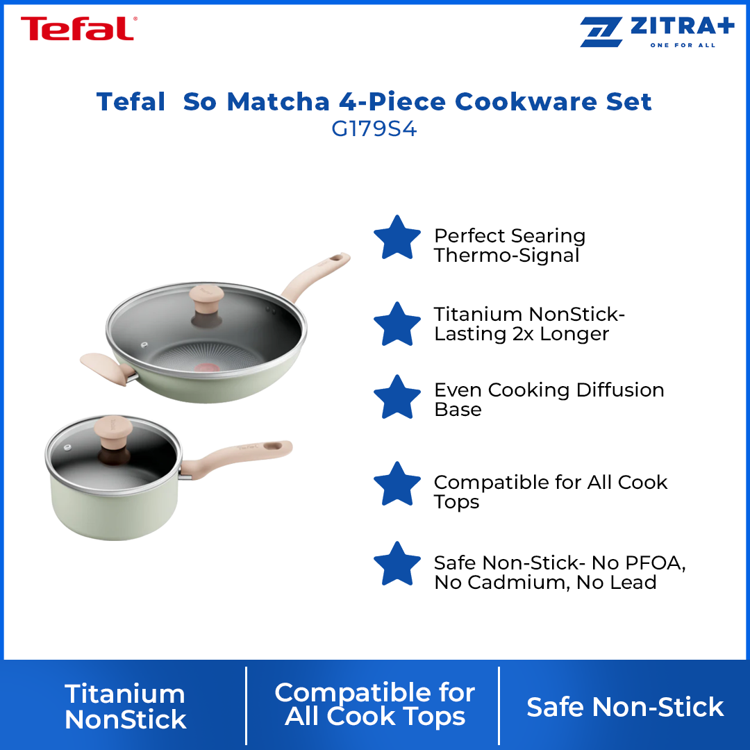Tefal So Matcha Non-Stick Cookware Set 4-Piece Set with Lids G179S495 G179S4 | Perfect Searing Thermo-Signal | Titanium NonStick