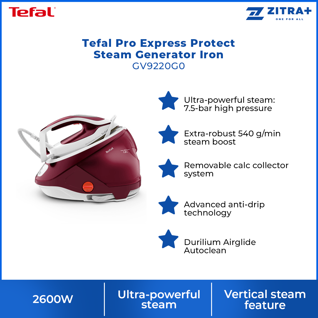 Tefal 2600W Pro Express Protect Steam Generator Iron GV9220G0 | Ultra-powerful steam | Removable calc collector system | Advanced anti-drip technology |  Vertical steam feature
