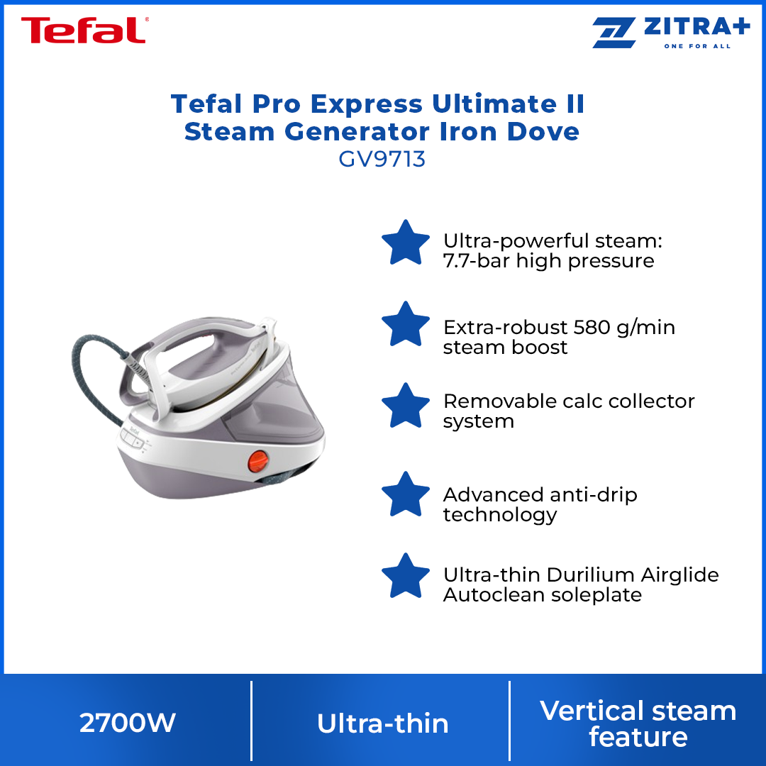 Tefal 2700W Pro Express Ultimate II Steam Generator Iron Dove GV9713 | Ultra Steam Technology | No Burn Risk