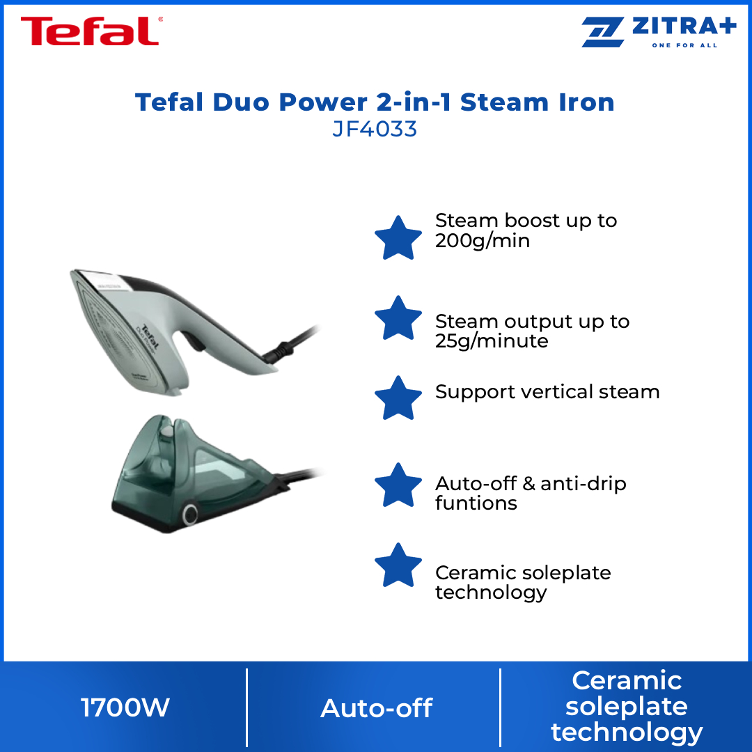 Tefal 1700W Duo Power 2-in-1 Steam Iron JF4033 | Steam output up to 25g/minute | Support vertical steam | Auto-off & anti-drip funtions | Ceramic soleplate technology