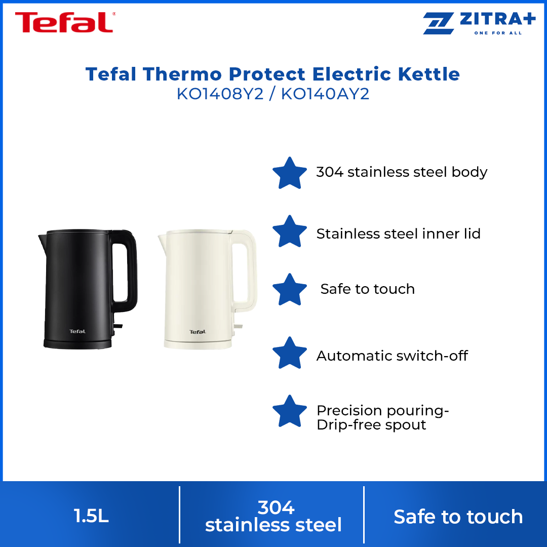 Tefal 1.5L Thermo Protect Electric Kettle KO1408Y2 / KO140AY2 | 304 stainless steel body | 360 degrees rotational cord | Safe to touch