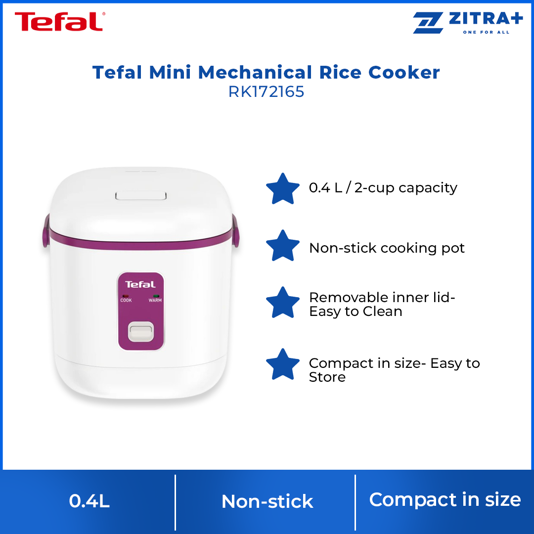 Tefal 0.4L Mini Mechanical Rice Cooker RK172165 | 0.4 L / 2-cup capacity | Non-stick cooking pot | Removable inner lid- Easy to Clean | Compact in size- Easy to Store