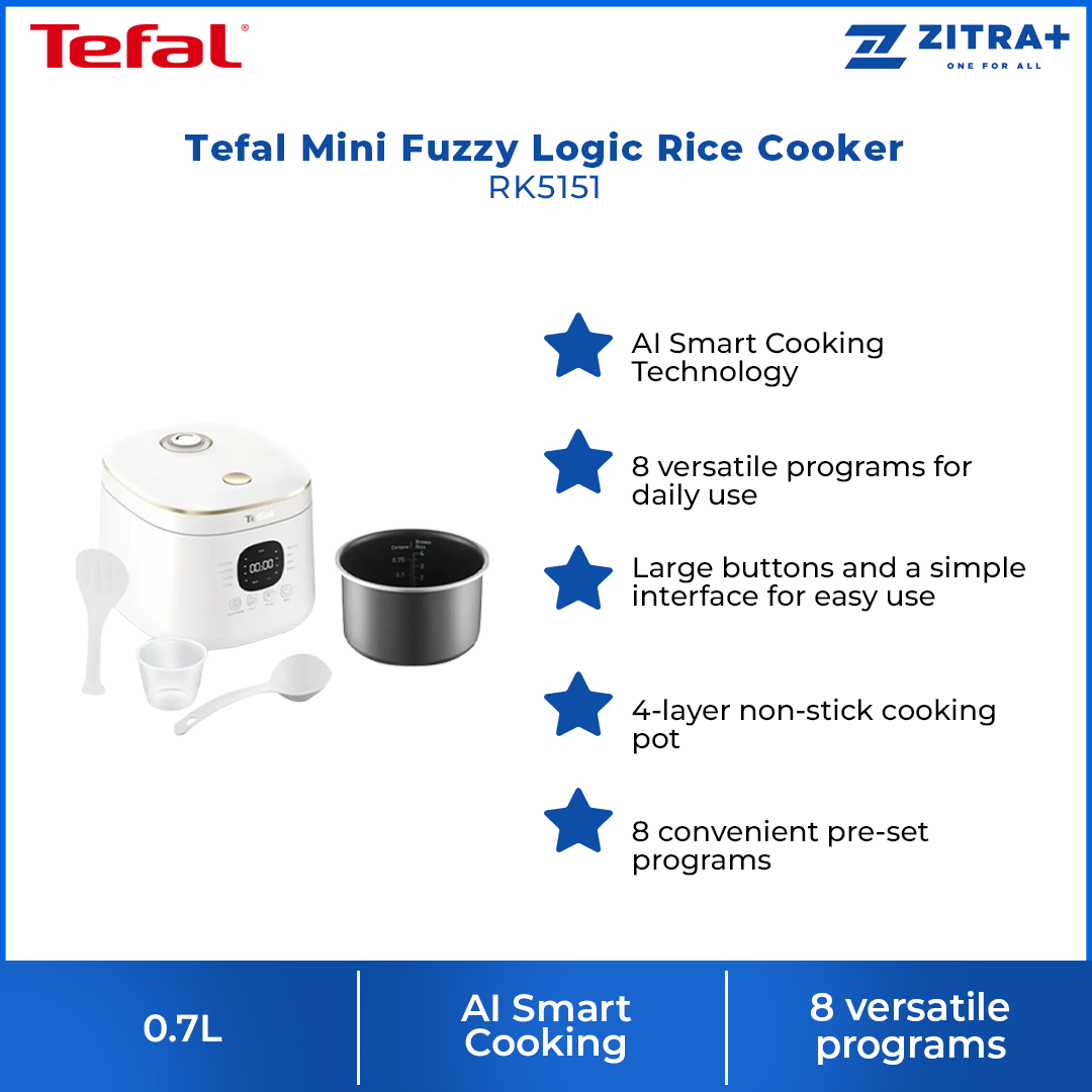 Tefal 0.7L Mini Fuzzy Logic Rice Cooker RK5151 | AI Smart Cooking | 8 versatile programs | 4-layer non-stick cooking pot