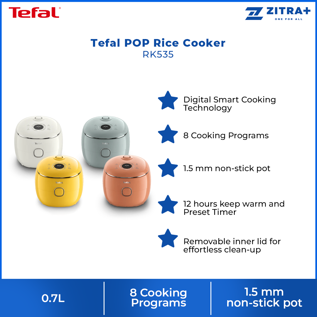 Tefal 0.7L POP Rice Cooker RK535 (periuk nasi) | Digital Smart Cooking Technology | 8 Cooking Programs | 1.5 mm non-stick pot