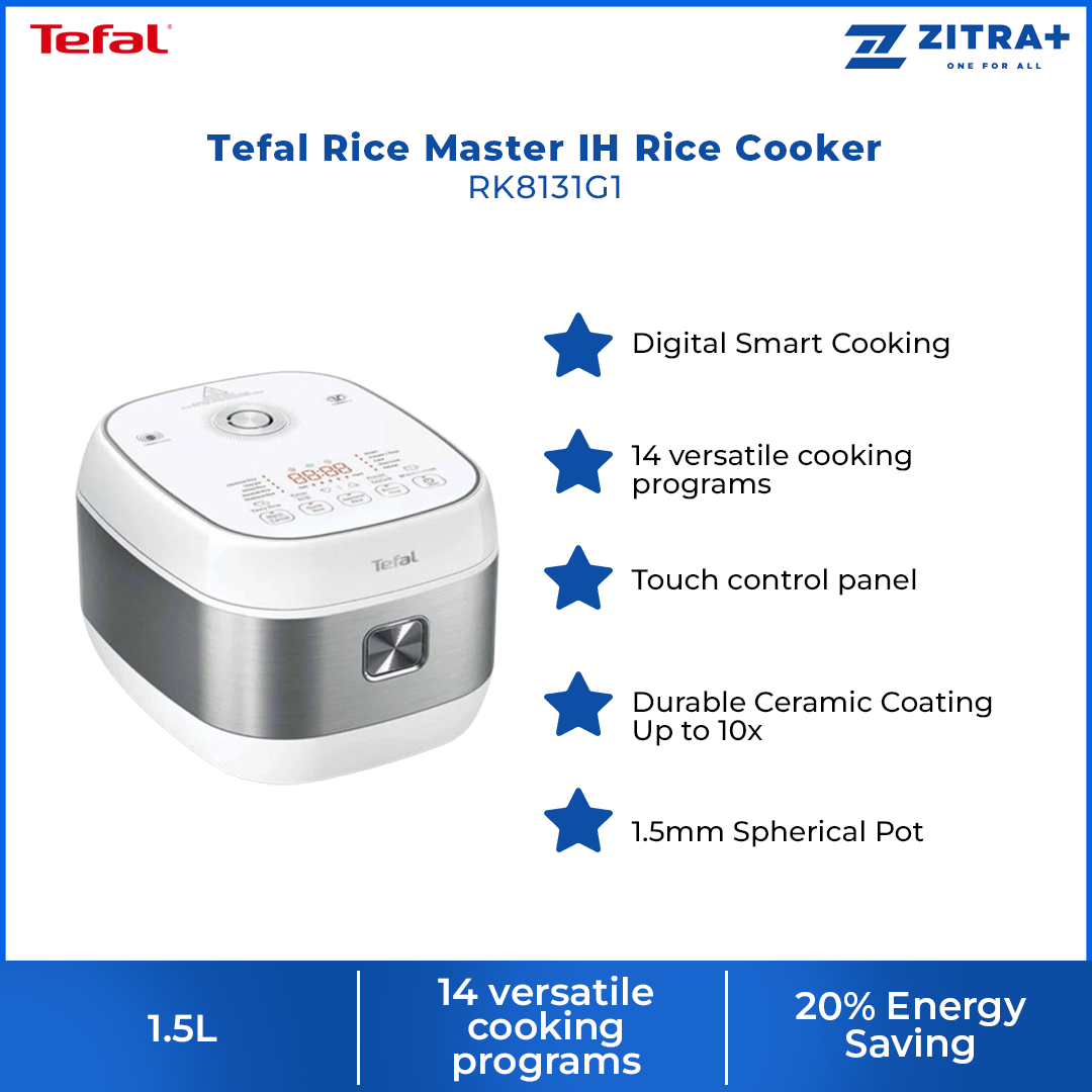 Tefal 1.5L Rice Master IH Rice Cooker RK8131G1 | Digital Smart Cooking | 14 versatile cooking programs | Touch control panel