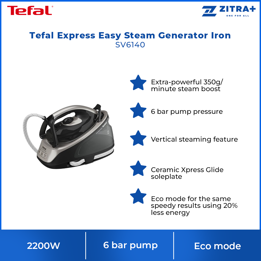 Tefal 2200W Express Easy Steam Generator Iron SV6140 | 6 bar pump | Vertical steaming feature | Ceramic Xpress Glide soleplate | Eco mode