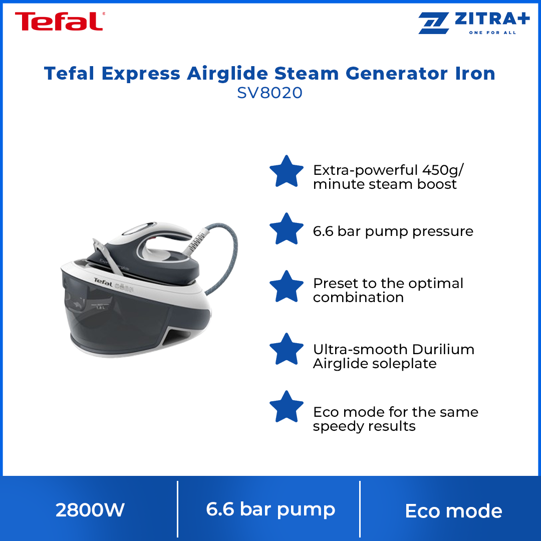 Tefal 2800W Express Airglide Steam Generator Iron SV8020 | Eco mode | Extra-powerful | Ultra-Smooth Durilium Airglide