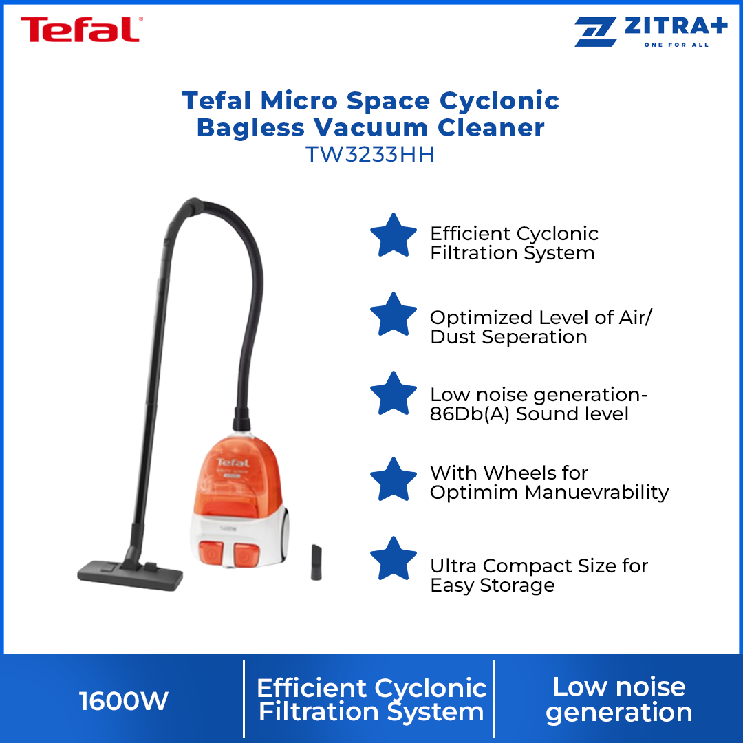 Tefal 1600W Micro Space Cyclonic Bagless Vacuum Cleaner TW3233HH | Efficient Cyclonic Filtration | 86Db(A) Sound level