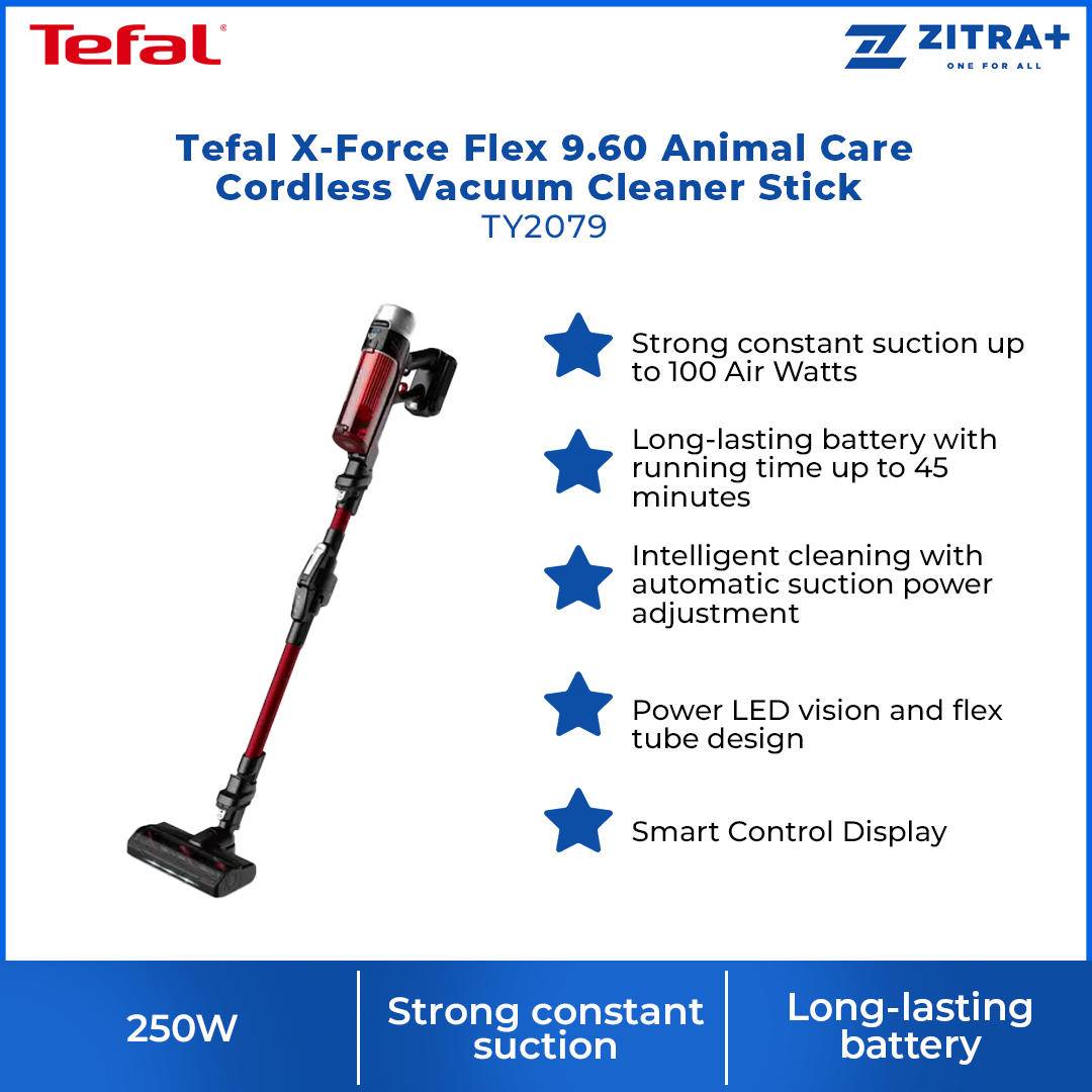 Tefal 250W X-Force Flex 9.60 Animal Care Cordless Vacuum Cleaner Stick TY2079 | Strong constant suction up to 100 Air Watts | Smart Control Display