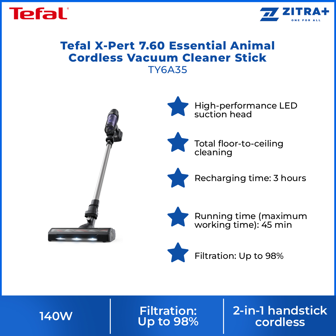Tefal 140W X-Pert 7.60 Essential Animal Cordless Vacuum Cleaner Stick TY6A35 | Total floor-to-ceiling | Running time 45 min | Filtration: Up to 98%