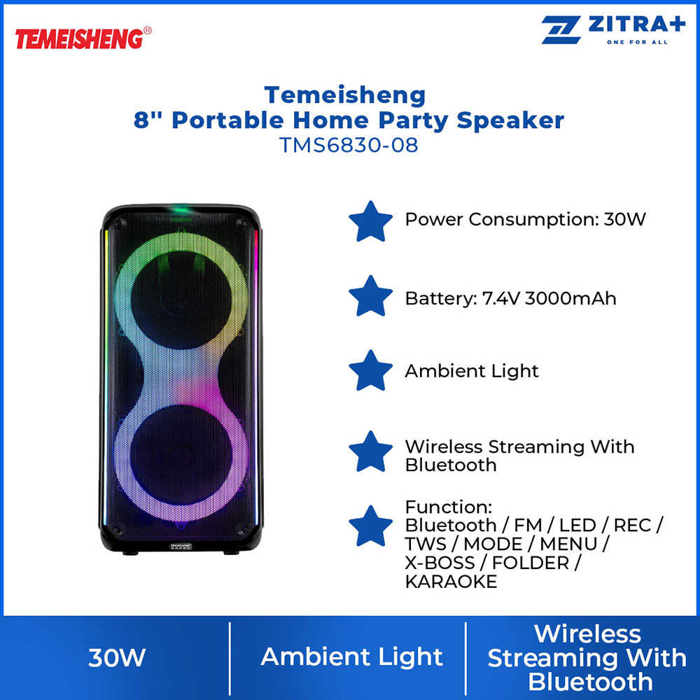 Temeisheng 8'' Portable Home Party Speaker TMS6830-08 | Ambient Light | Wireless Streaming With Bluetooth | 7.4V 3000mAh | Portable Speaker with 1 Year Warranty