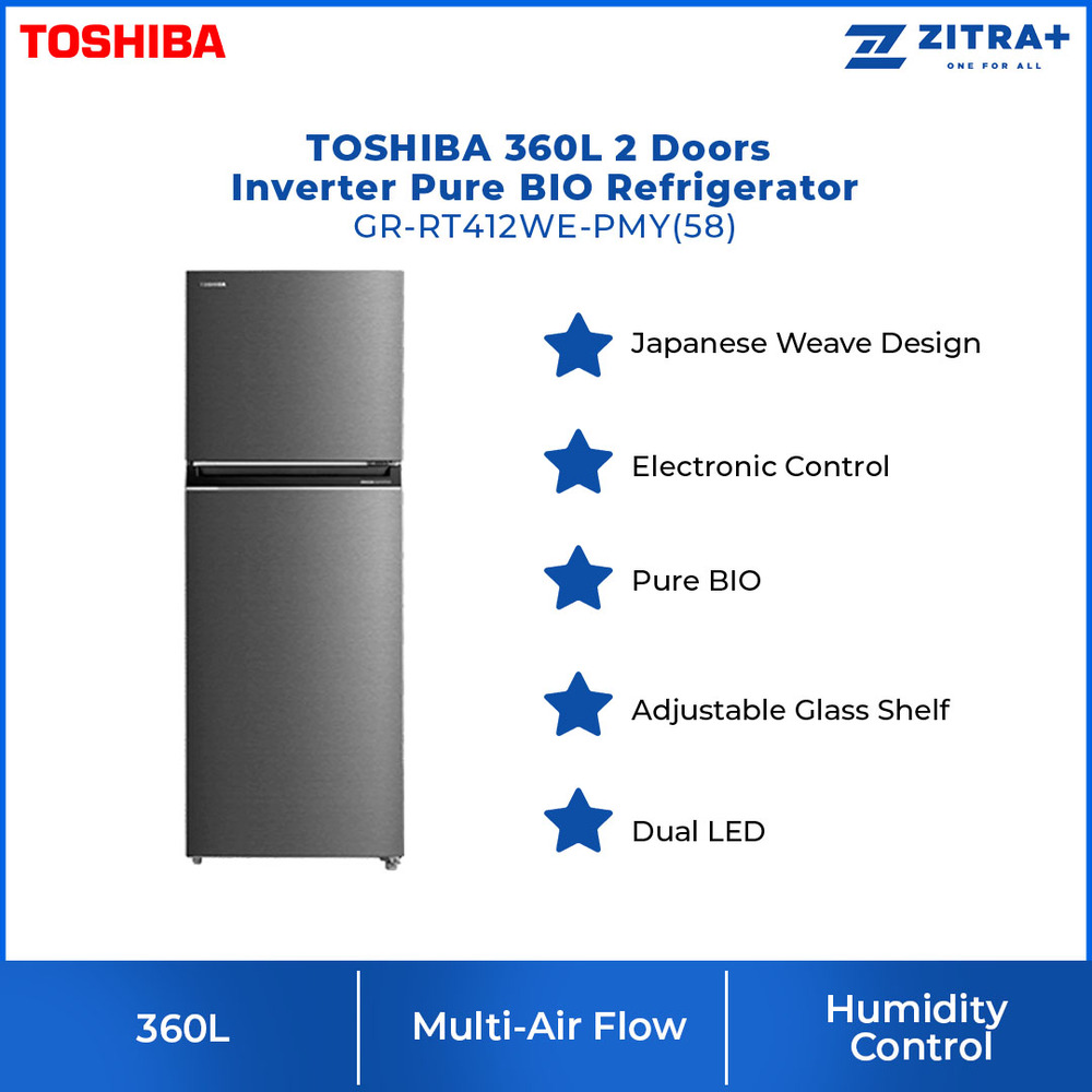 TOSHIBA 360L 2 Doors Inverter Pure BIO Refrigerator GR-RT412WE-PMY(58) | Japanese Weave Design | Multi-Air Flow | Dual LED | Adjustable Glass Shelf | Refrigerator with 2 Years Warranty