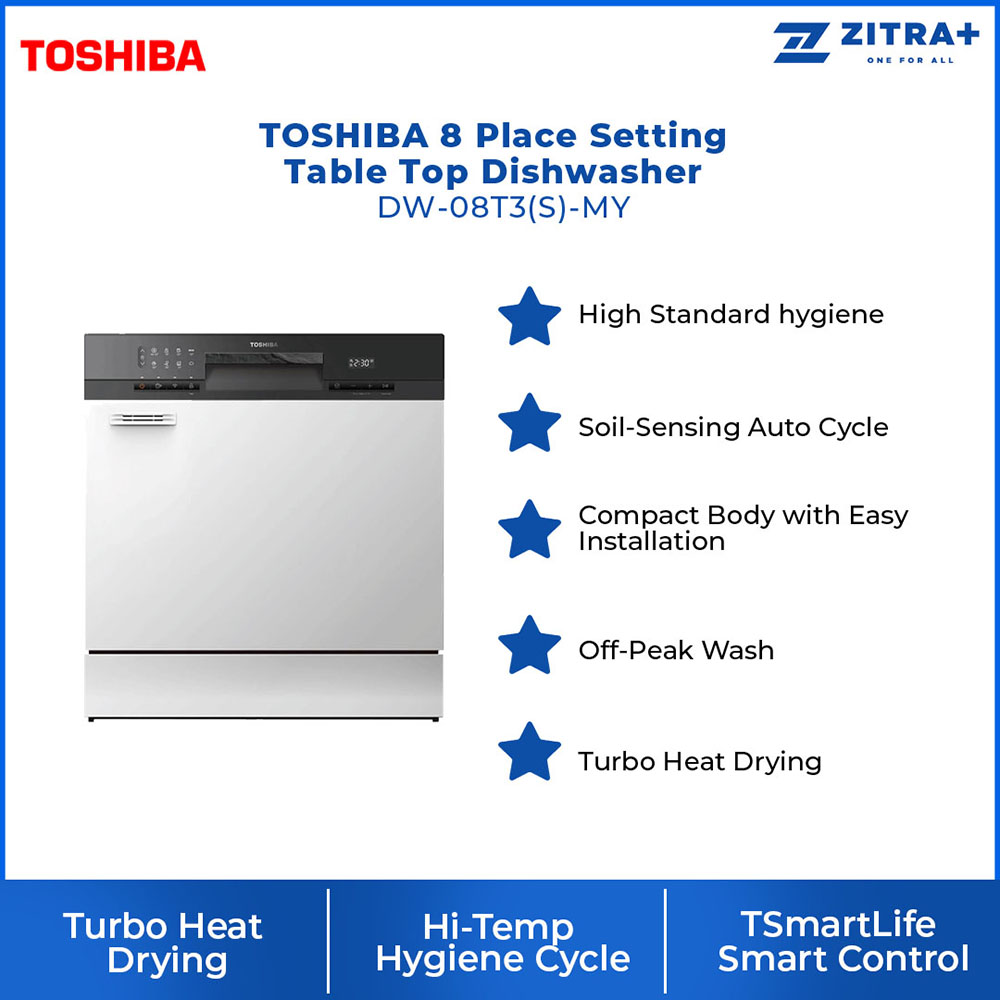 TOSHIBA 8 Place Setting Table Top Dishwasher DW-08T3(S)-MY | Turbo Heat Drying | Off-Peak Wash | Hi-Temp Hygiene Cycle | Soil-Sensing Auto Cycle | Dishwasher with 1 Year