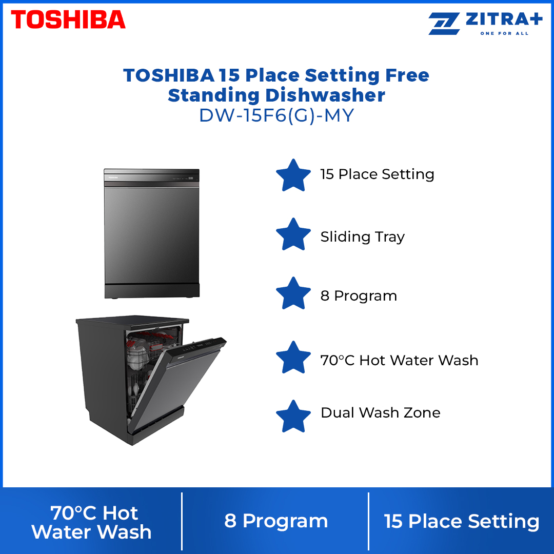 TOSHIBA 15 Place Setting Free Standing Dishwasher DW-15F6(G)-MY | Sliding Tray | 8 Program | Dual Wash Zone