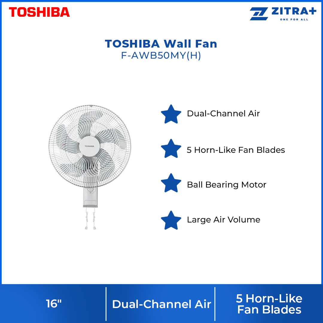 TOSHIBA 16" Wall Fan F-AWB50MY| Dual-Channel Air | 5 Horn-Like Fan Blades | Ball Bearing Motor
