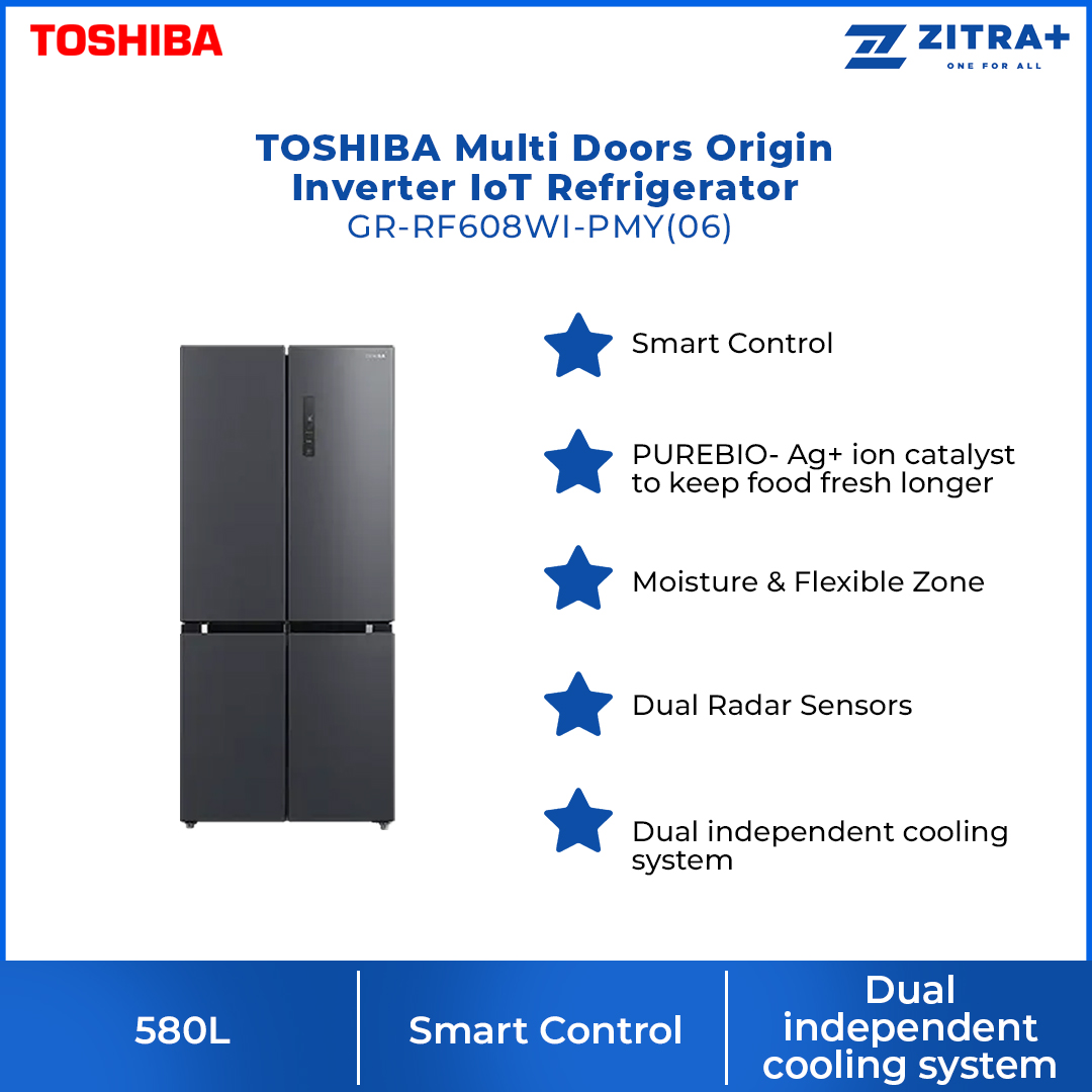 TOSHIBA 580L Multi Doors Origin Inverter IoT Refrigerator GR-RF608WI-PMY(06) | Smart Control | Moisture & Flexible Zone
