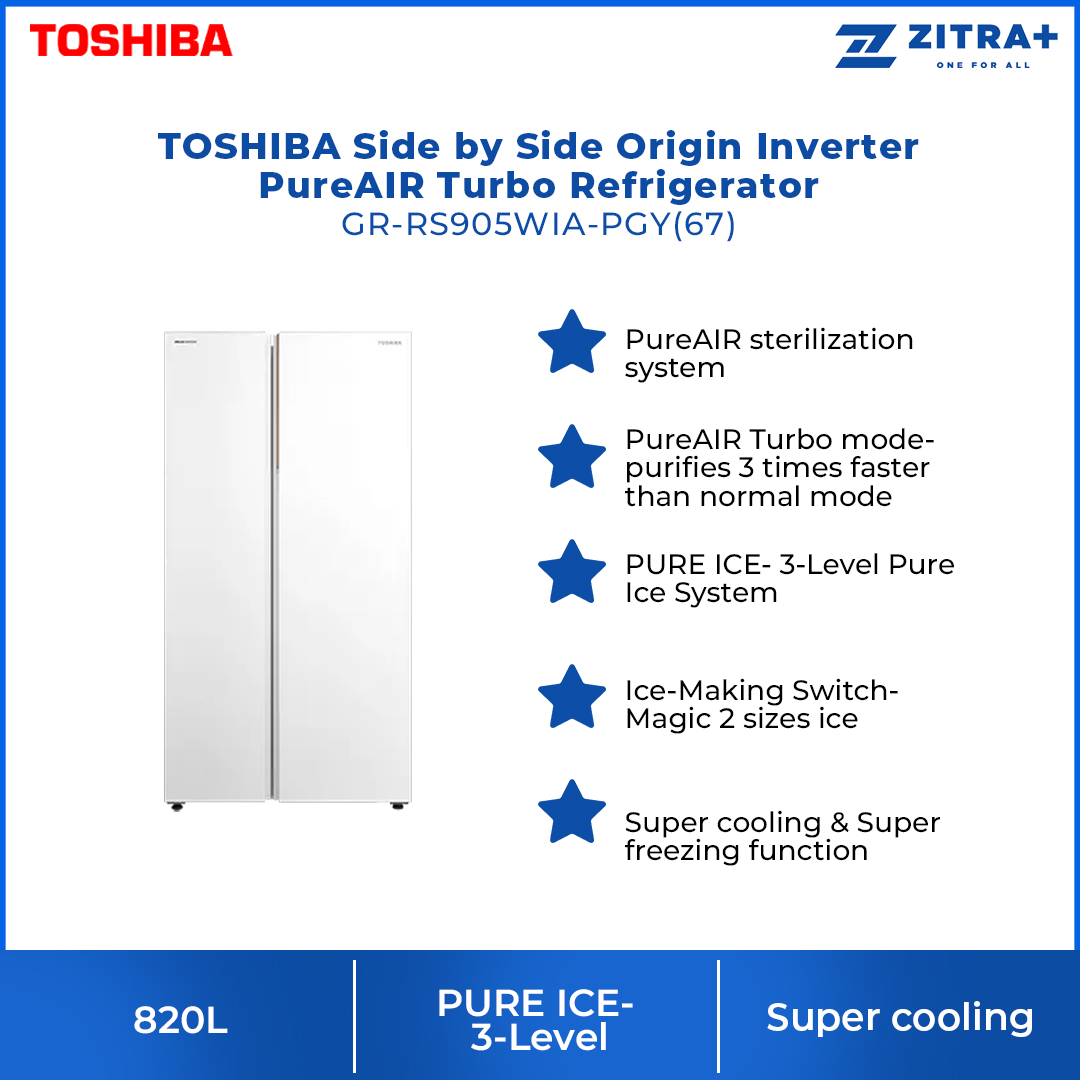 TOSHIBA 820L Side by Side Origin Inverter PureAIR Turbo Refrigerator Fuji GR-RS905WIA-PGY(67) | NaturePURE | Roomy Storage | Extra Chill