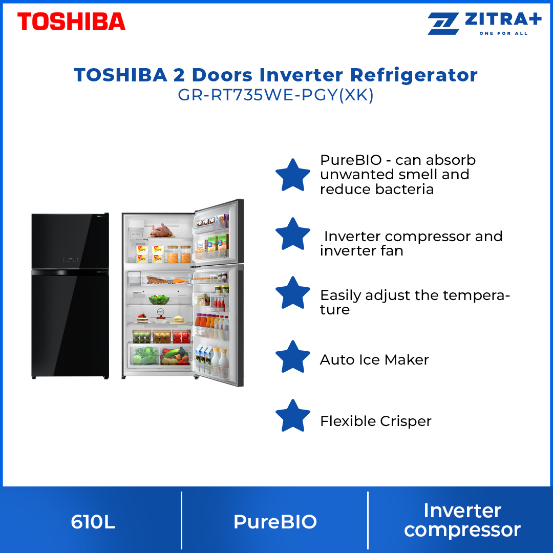 TOSHIBA 610L 2 Doors Inverter Refrigerator GR-RT735WE-PGY(XK) | PureBIO | Inverter compressor and fan | Auto Ice Maker