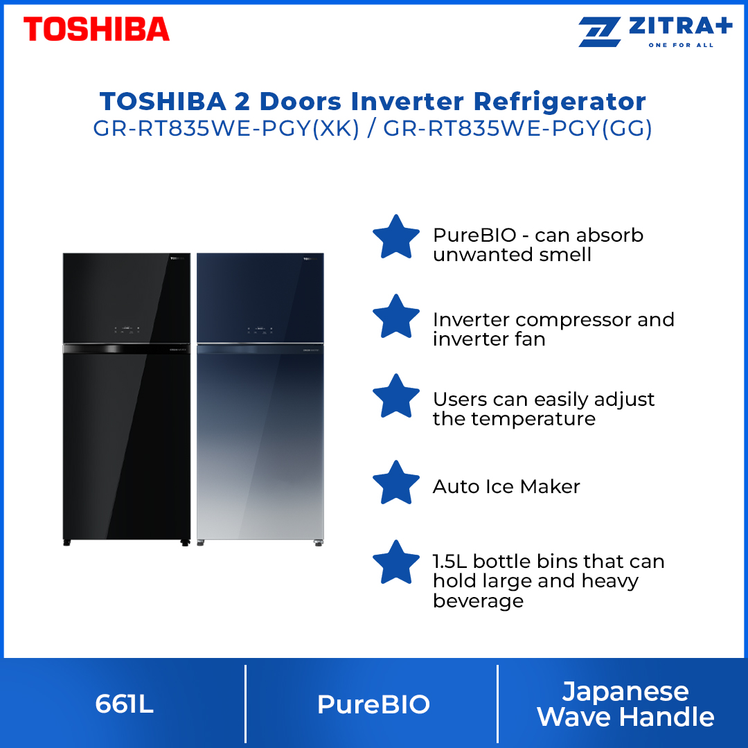 TOSHIBA 661L 2 Doors Inverter Refrigerator GR-RT835WE-PGY(GG) / GR-RT835WE-PGY(XK) | PureBIO | Auto Ice Maker