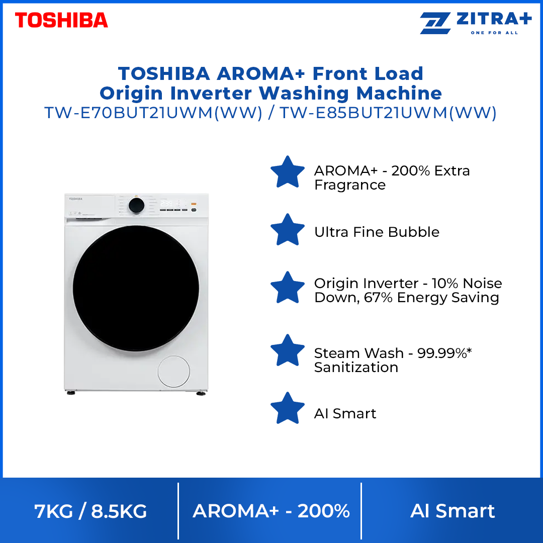 TOSHIBA 7KG/8.5KG AROMA+ Front Load Origin Inverter Washing Machine TW-E70BUT21UWM(WW) / TW-E85BUT21UWM(WW) | AROMA+ - 200% | Ultra Fine Bubble