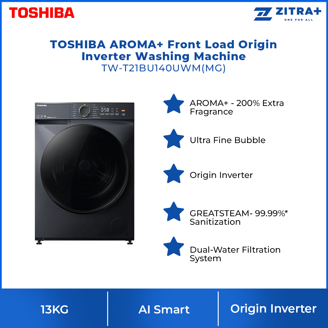 TOSHIBA 13KG AROMA+ Front Load Origin Inverter Washing Machine TW-T21BU140UWM(MG) | AROMA+ - 200% Extra Fragrance | AI Smart