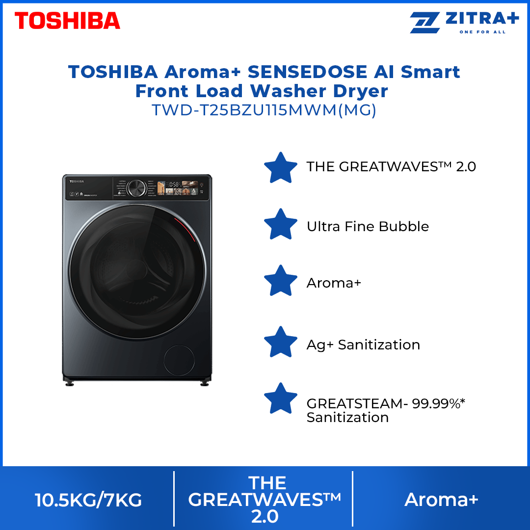TOSHIBA 10.5KG/7KG Aroma+ SENSEDOSE AI Smart Front Load Washer Dryer TWD-T25BZU115MWM(MG) | THE GREATWAVES™ | Aroma+