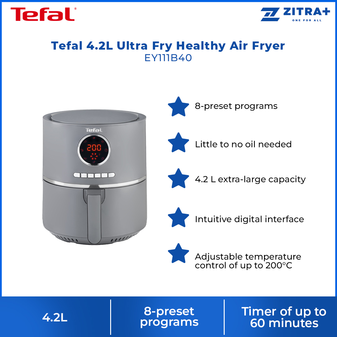 Tefal 4.2L Ultra Fry Healthy Air Fryer Charcoal EY111B40 | 8 Reset Programs | Timer Up to 60 Minutes | Intuitive Digital Interface
