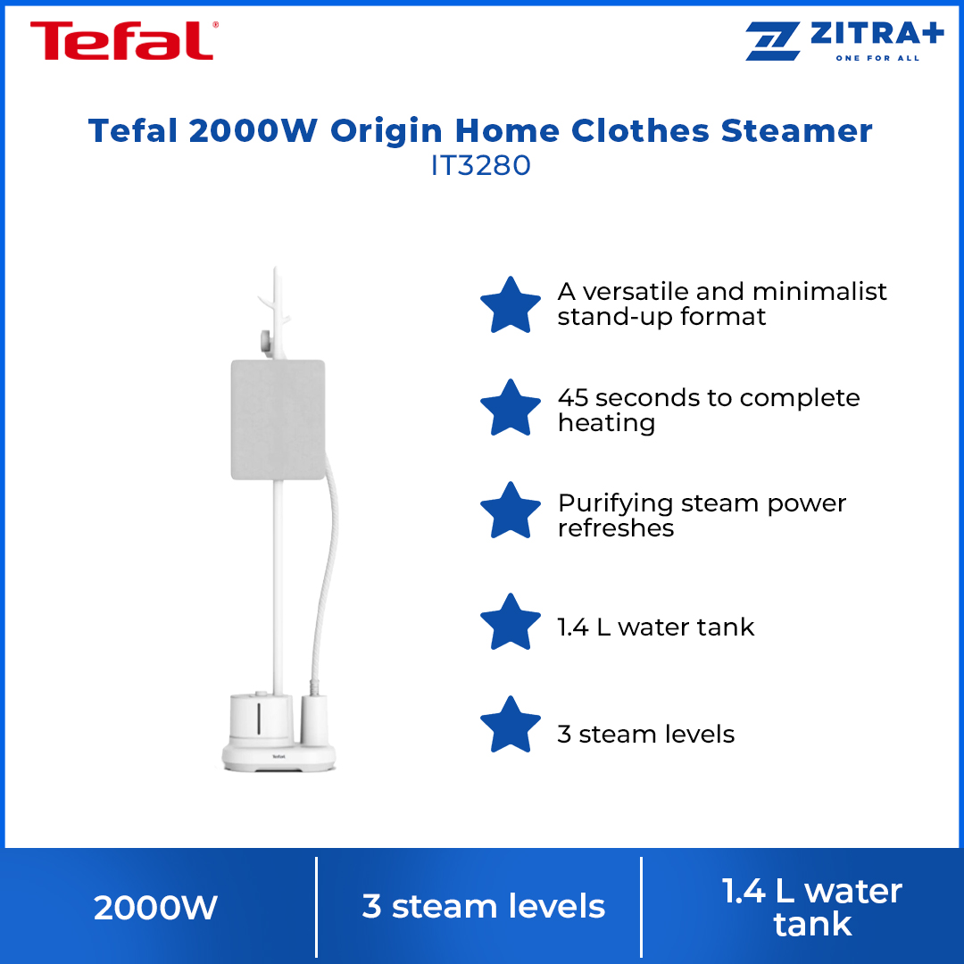 Tefal 2000W Origin Home Clothes Steamer IT3280 | 3 Steam Levels |  1.4L Water Tank | 45 Seconds To Complete Heating