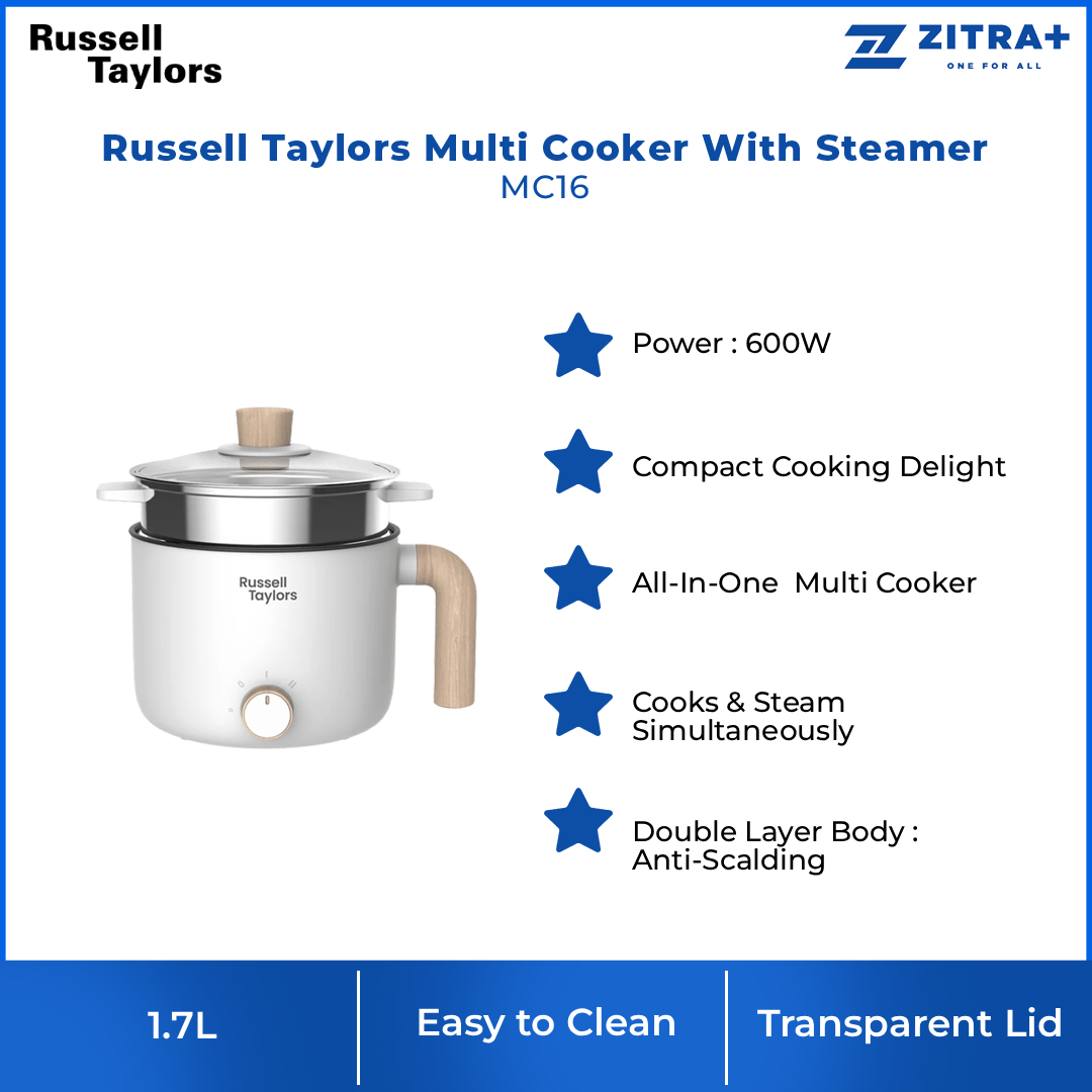 Russell Taylors 1.7L Multi Cooker With Steamer MC16 | 600W | Compact Cooking Delight | Cooks & Steam Simultaneously