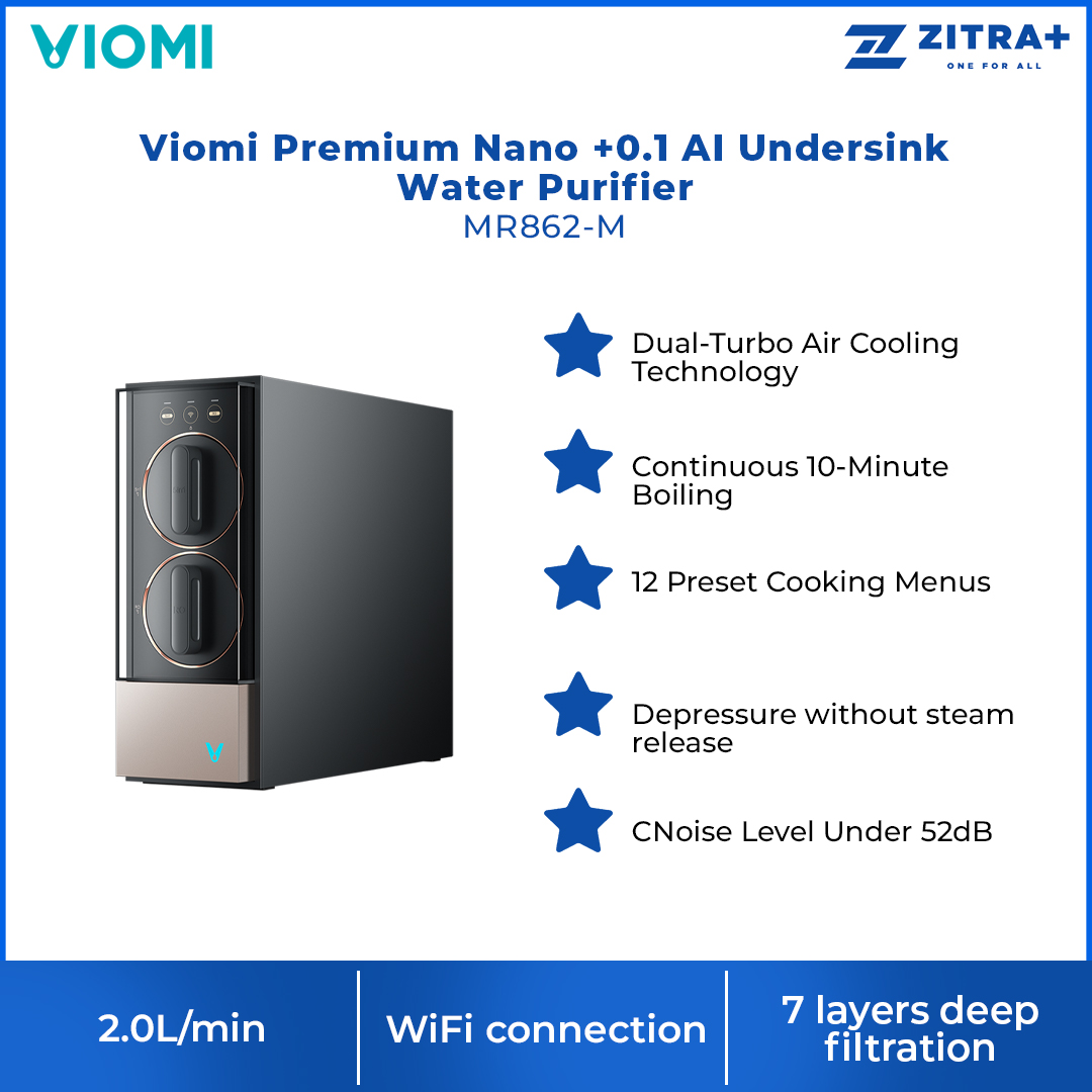 Viomi Premium Nano +0.1 AI Undersink Water Purifier MR862-M | 7 layers deep filtration | High end digital display | Independent water outlet