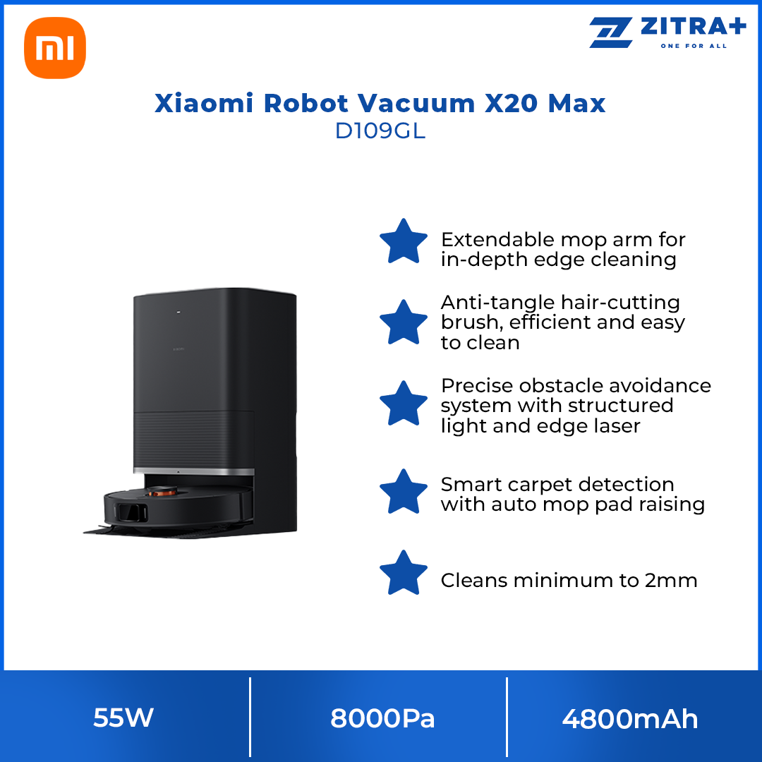 Xiaomi 55W Robot Vacuum X20 Max D109GL | Extendable mop arm | 8000Pa | 4800mAh | Smart carpet detection