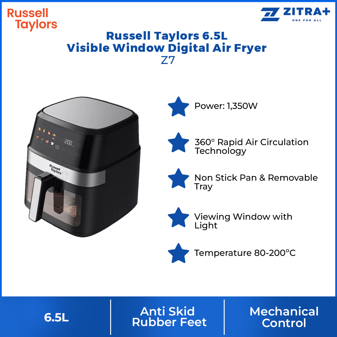 Russell Taylors 6.5L Visible Window Digital Air Fryer Z7 | Power Rating 1350 W | Crystal Clear Frying | Adjustable Timer & Temperature | Air Fryer with 2 Year Warranty